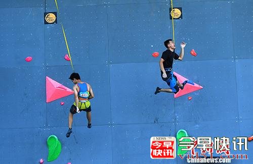 8月7日，第十三届全运会群众比赛攀岩决赛在重庆九龙坡区正式举行。来自全国各地的百余名运动员汇聚重庆参与角逐。图为参赛运动员正在进行攀岩比赛。 中新社记者 陈超 摄