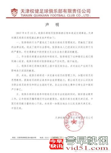 
      权健就张修维醉驾事件声明：将对其做出严厉处罚
      