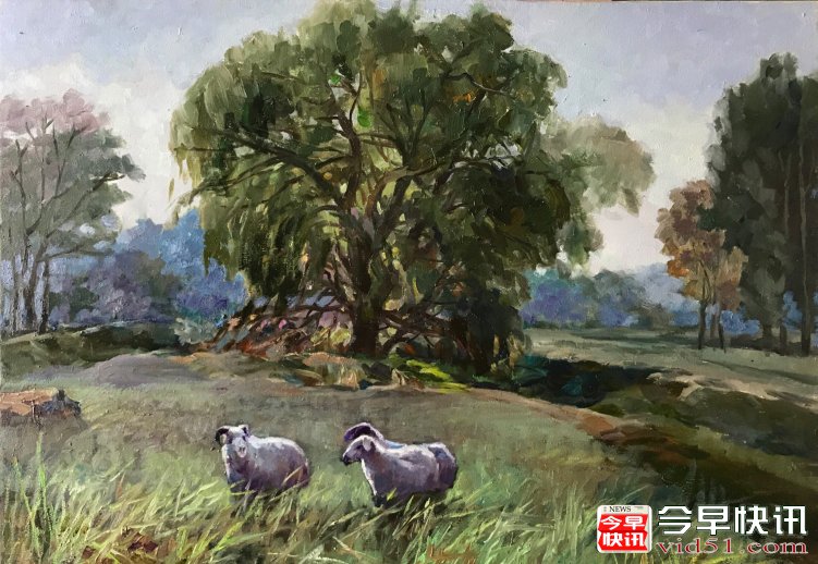 古树下的羊群（50x70公分）2019、6布面油画_conew1.jpg